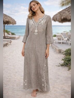 Debbie Katz South Beach Boho Embroidered Maxi Dress Coastal Resort L